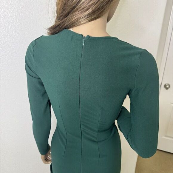 Hello Molly Midi Dress XS Green Too Epic Long Sleeve Fitted Twist Front Slit - Picture 11 of 15